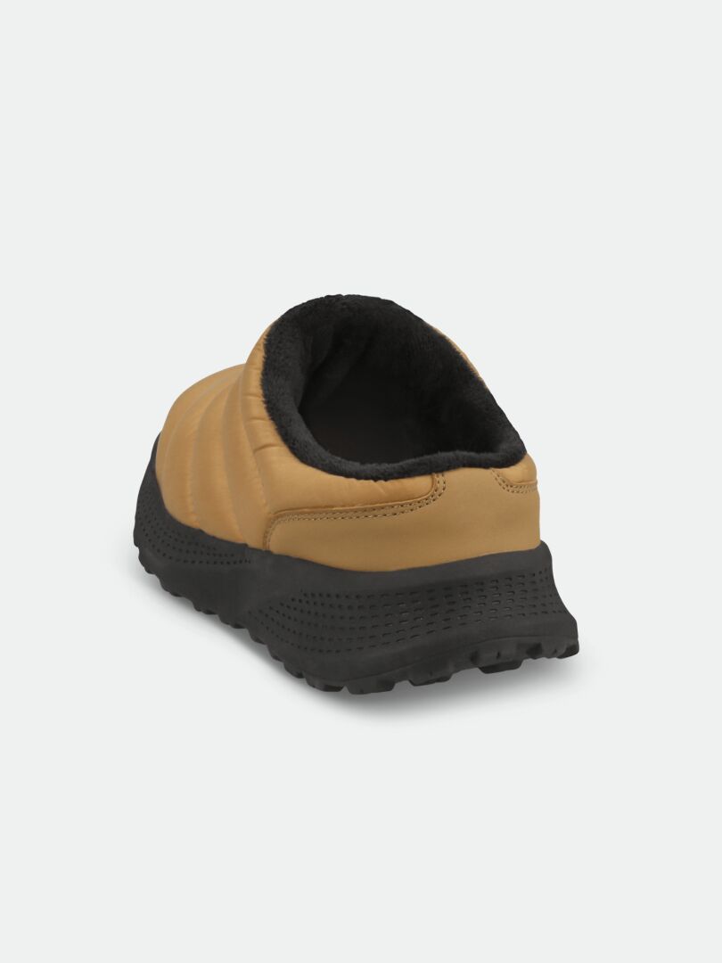 The Halti Rest 2 Slipper: tan slip-on with black textured sole, memory foam insole, and black lining, rear angled view.