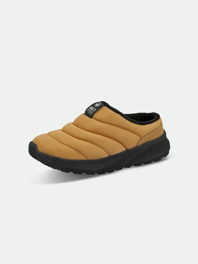 The Halti Rest 2 Slipper is a tan, quilted slip-on with black trim and a lightweight EVA sole, shown on white.