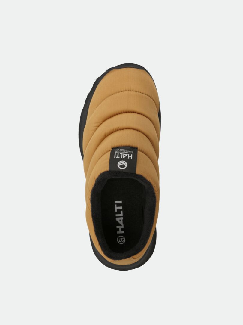 Top view of Halti Rest 2 Slipper in tan and black with quilted texture, memory foam insole, and Halti logo.