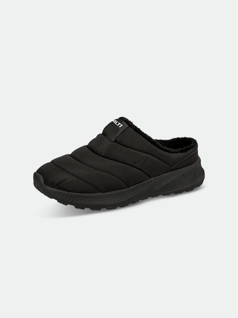 The Halti Rest 2 Slipper is a black slip-on quilted mule with memory foam insole, thick rubber sole, and fabric label.