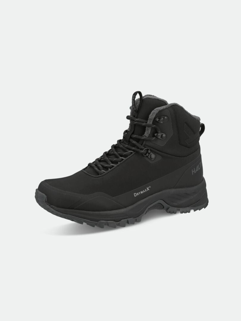 Halti Nuuksio Mid 2 DX Men's: single black waterproof hiking shoe with rugged sole, ankle support, and DrymaxX logo.