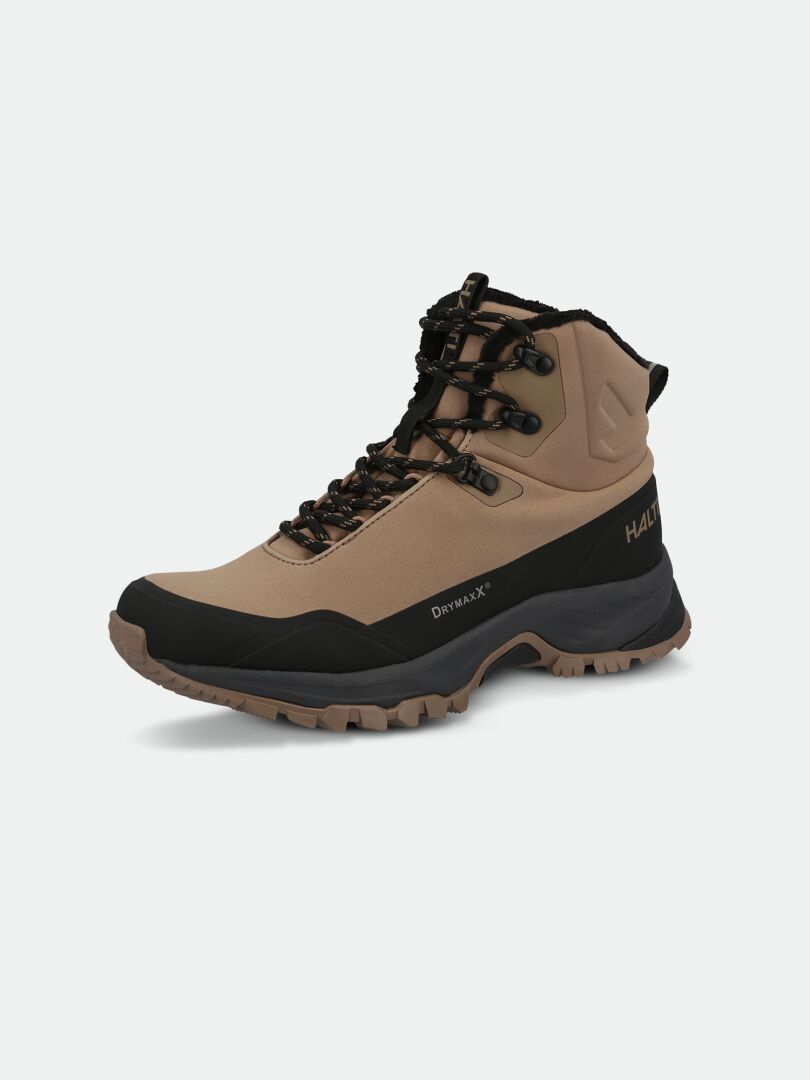 The Halti Nuuksio Mid 2 DX Women's tan and black hiking boot features black laces, GripmaxX Arctic sole, and reinforced toe.