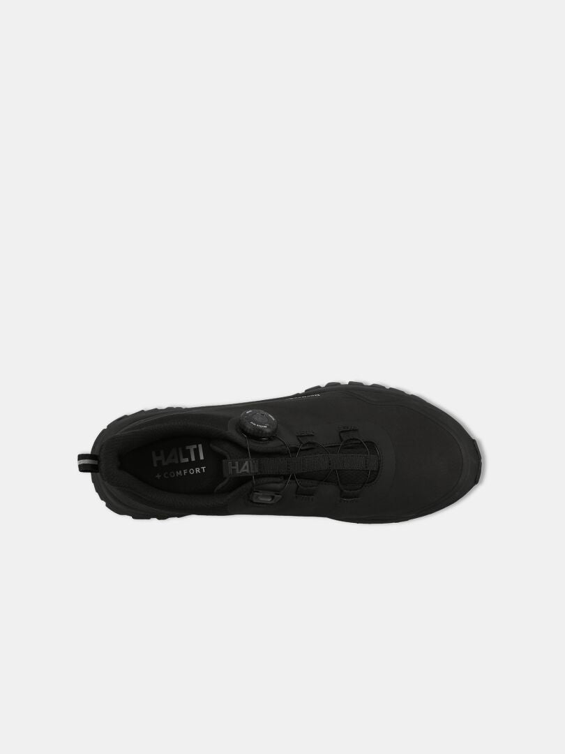 The Halti Fara Low 2 DX Freelock is a black waterproof outdoor shoe with a safety-lace system and branded insole.