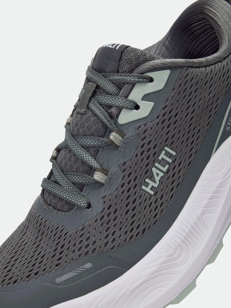 Close-up of Halti Rapid 2 Sneaker Men’s—a gray, lightweight mesh walking shoe with gray laces and Halti name on side.