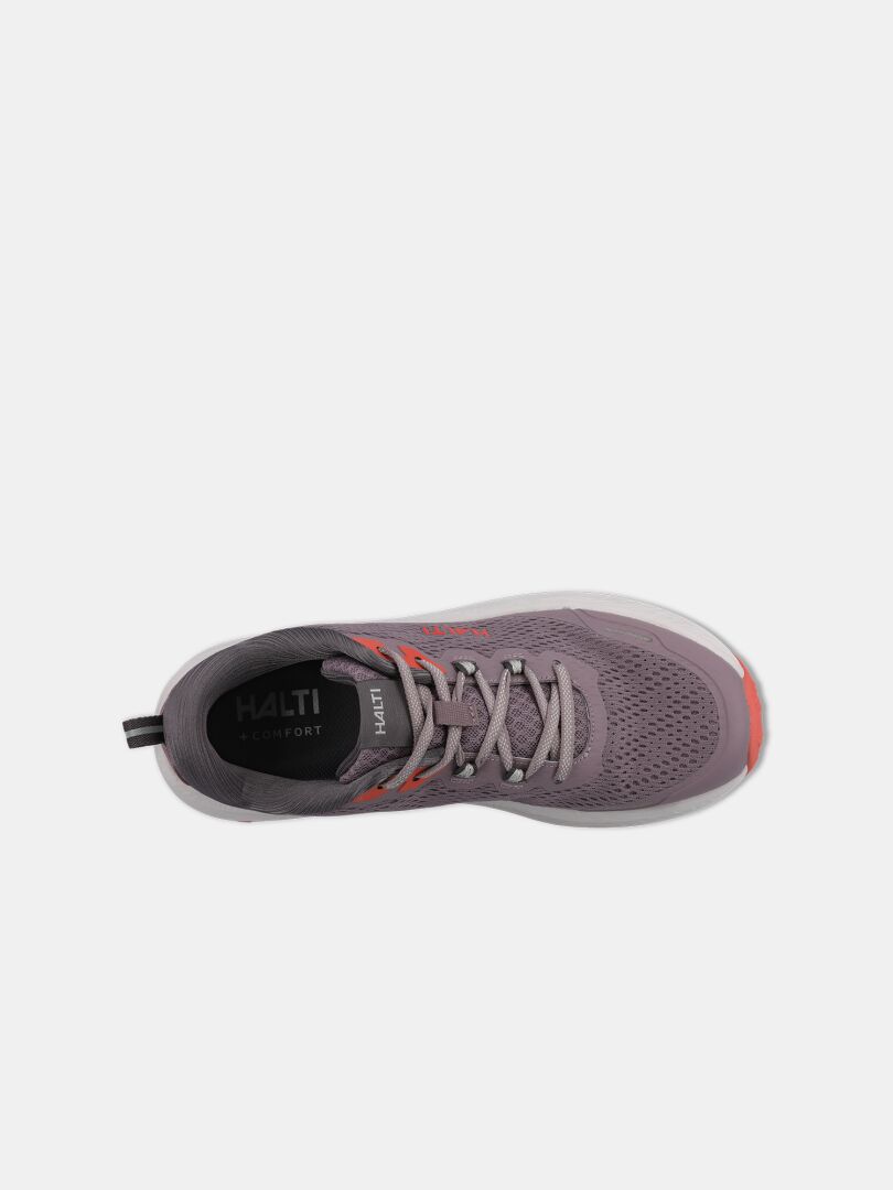 Top view of Halti Rapid 2 Sneaker Women's, a lightweight shoe with gray and orange accents and cushioned midsole.