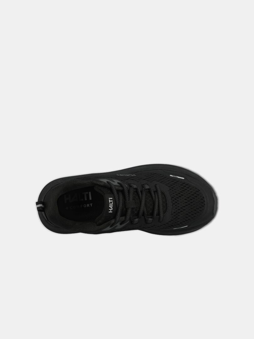 Top view of Halti Rapid 2 Sneaker Women's in black, water repellent with black laces and Halti logo on tongue and insole.