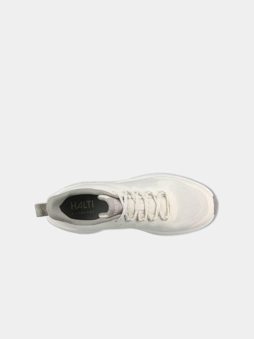 Top view of the Halti Syke Sneaker Women's in white with laces and a heel fabric pull tab on a plain background.