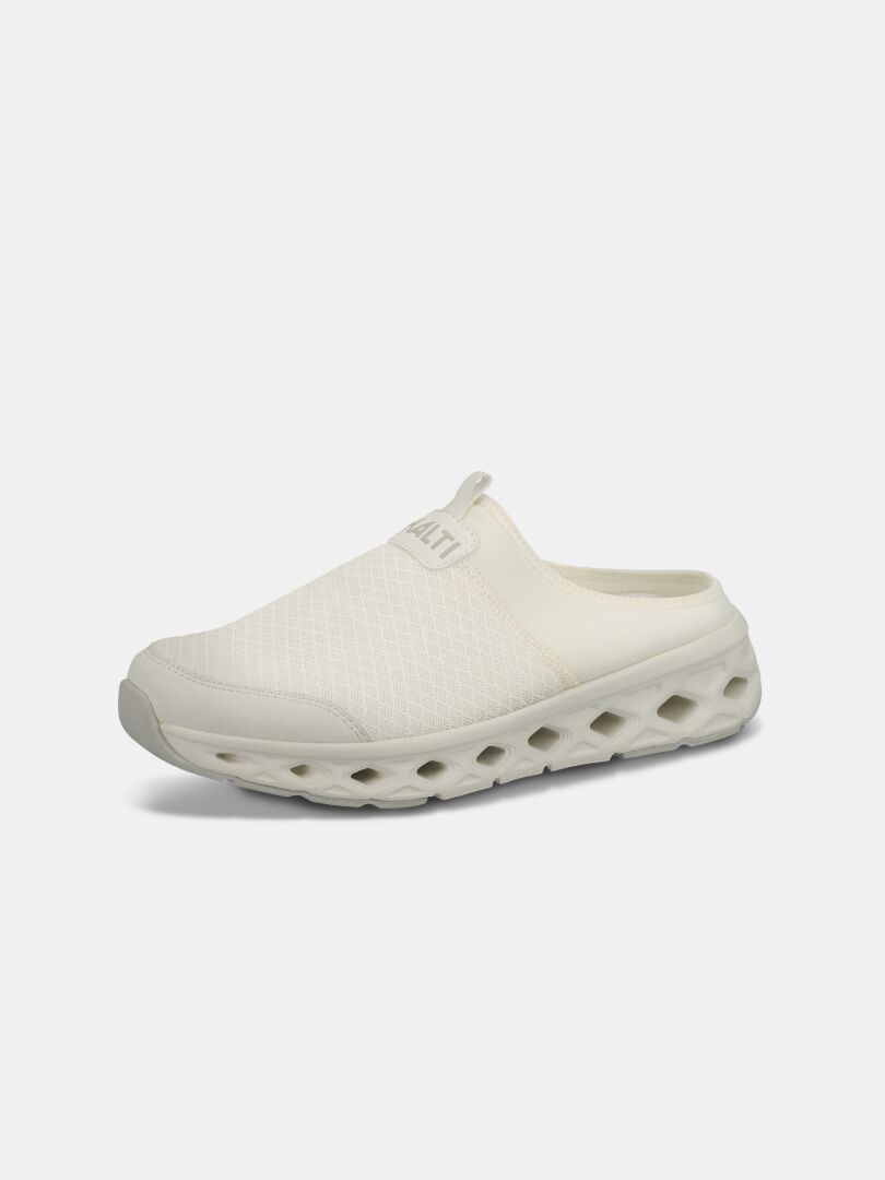 The Halti Lago 3 Sandal is a white, lightweight slide with a breathable mesh upper and thick ventilated sole.