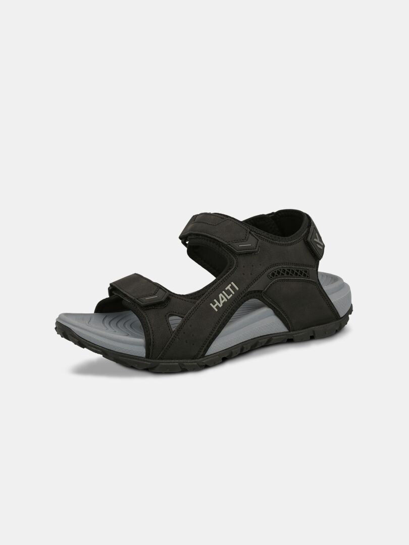 The Halti Route 2 Sandal is black and grey with two Velcro straps, ergonomic footbed, and Halti on the side.