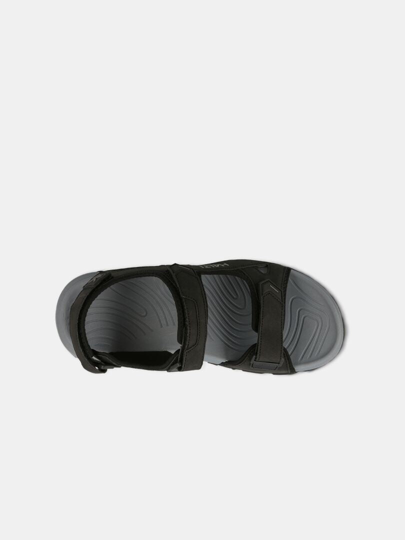 The Halti Route 2 Sandal is black with a gray textured sole, ergonomic footbed, and two adjustable top straps.