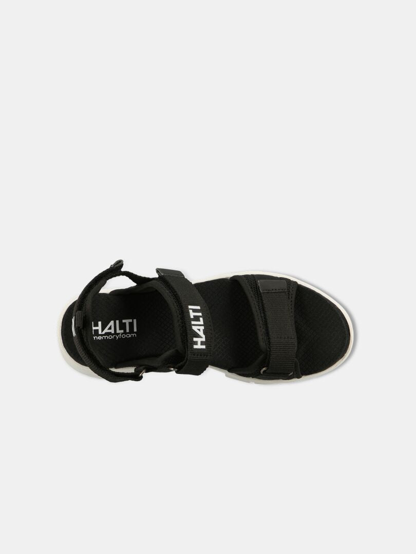 The Halti Resa 3 Sandal Women's in black has adjustable straps, memory foam insole, and Halti branding, top view.