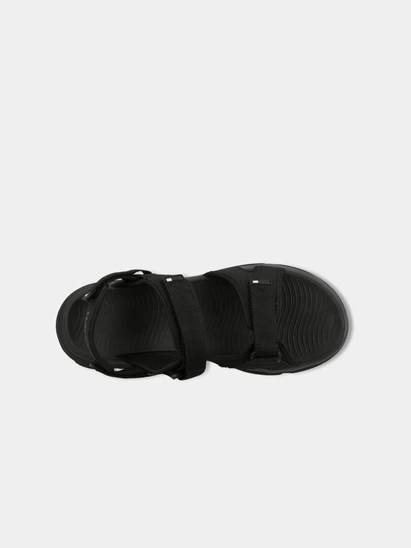 Halti Pursuit 2 Sport Sandal in black, lightweight with adjustable straps and cushioned sole, top view on white background.