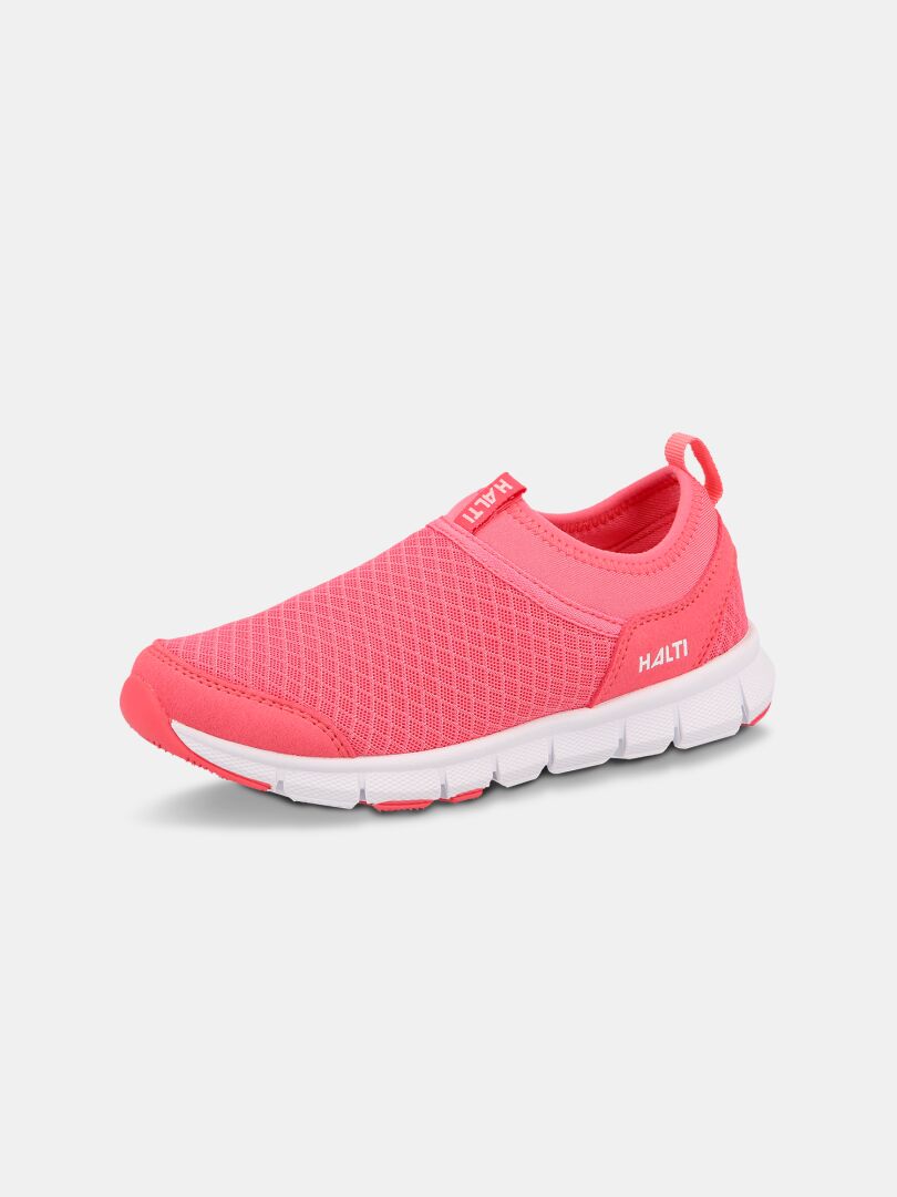 The Halti Lente 3 Children's pink slip-on sneaker features a white sole, mesh upper, and Halti branding.