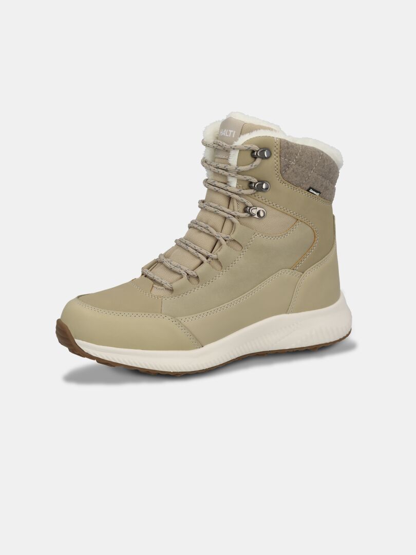 The Halti Dundee 2 DX Winter Shoe Women's is a beige lace-up boot with fur collar and white sole, ideal for winter outfits.