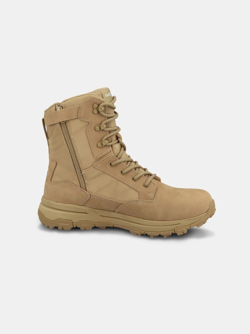 Halti Regis DX Boot Men's: tan combat-style, lace-up and side-zip, rugged sole, ankle-high design on white background.