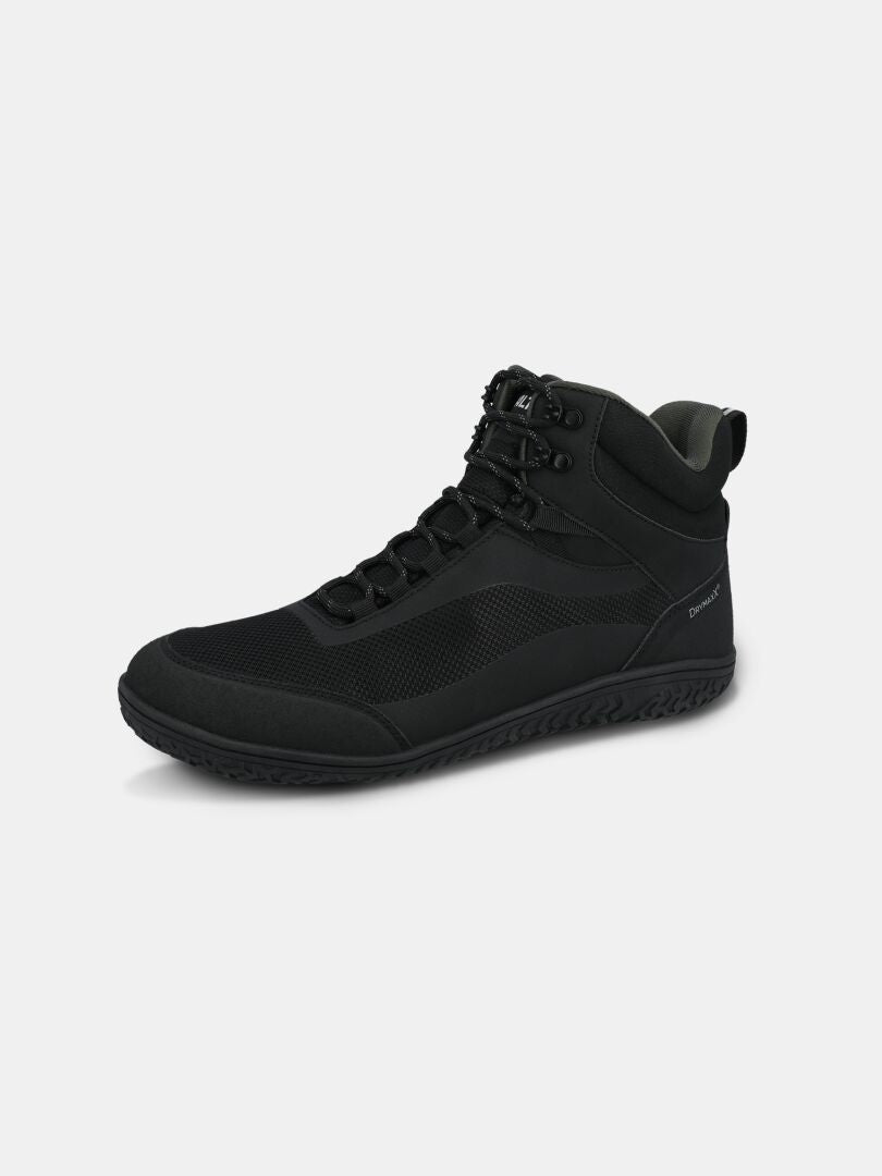 Halti Tuntuma Mid DX: Men’s black barefoot shoe with mesh, laces, and textured sole for a natural feel on any terrain.