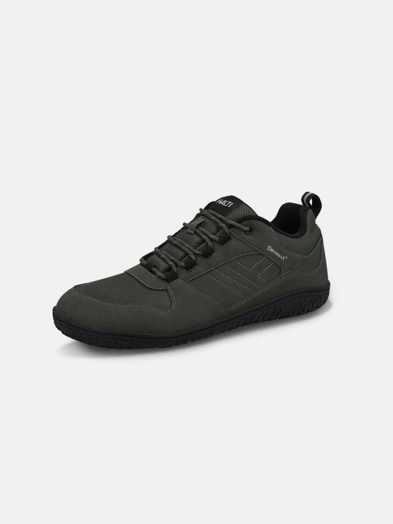 Halti Tuntuma DX Men's: dark green zero-drop barefoot shoe, black sole, lace-up, subtle stitching, white background.