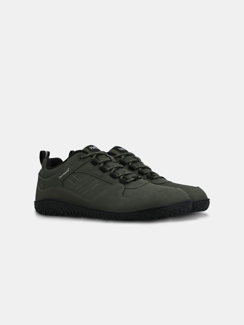 Halti Tuntuma DX Barefoot Shoe Men's in dark green, with black soles and laces, shown on a white background.