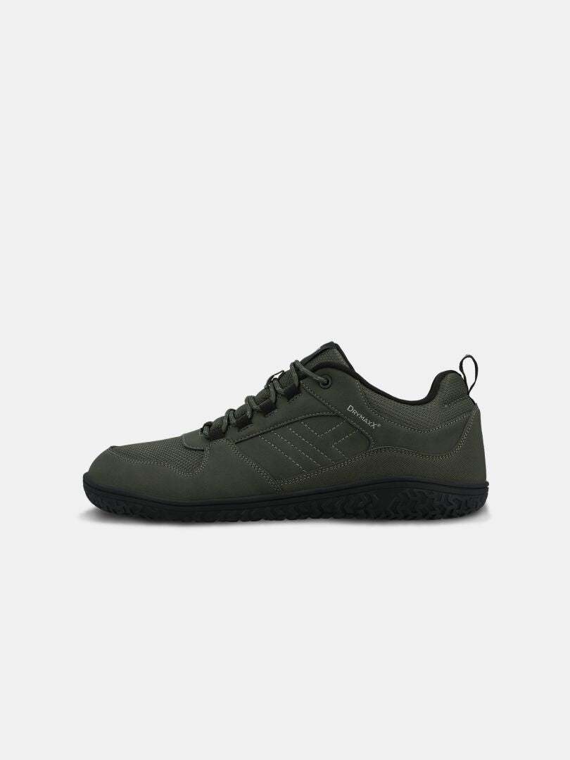 Halti Tuntuma DX Barefoot Shoe Men's: dark green, zero-drop lace-up, black sole, side stitching, heel pull tab.