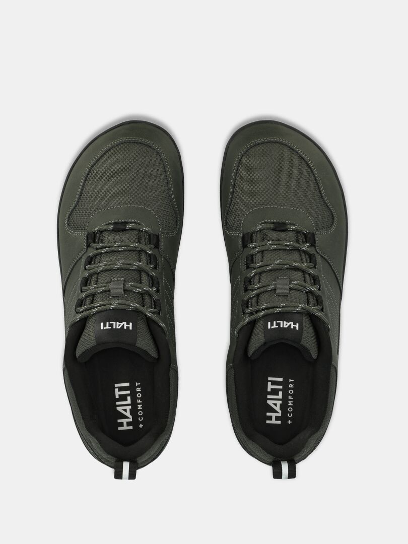 Pair of dark green Tuntuma DX Barefoot Shoes by Halti, viewed from above with branding visible inside each shoe.