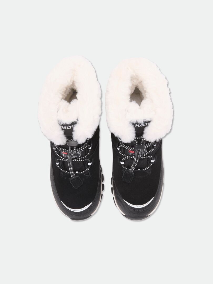 A pair of Halti Tornio DX Kids Winter Boots with white faux fur lining, black-and-white laces, viewed from above.