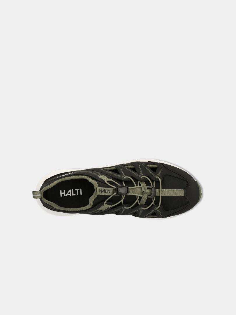 Top view of Halti Seili Hybrid Sandal Men's in black/olive green, ideal for summer hiking.