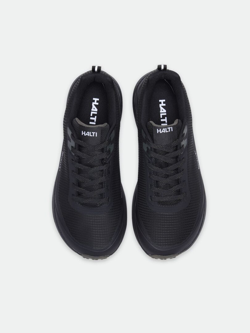 A pair of black Halti Asento DX men’s outdoor shoes, natural fit, viewed from above on a light background.