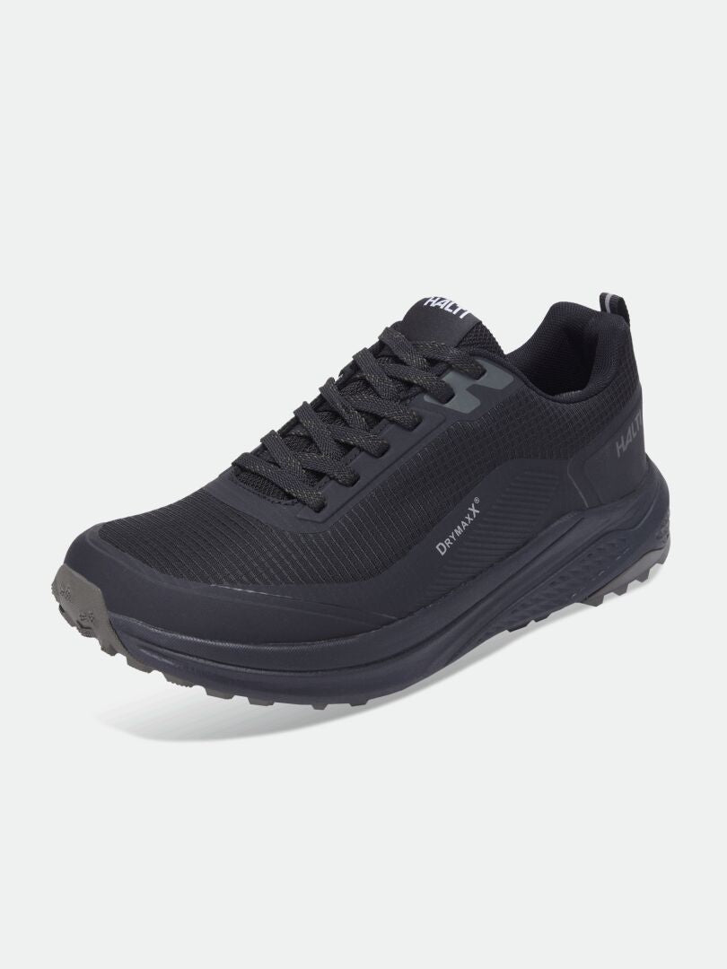 Halti Asento DX men’s black mesh athletic shoe with zero drop heel; branding on tongue and side.