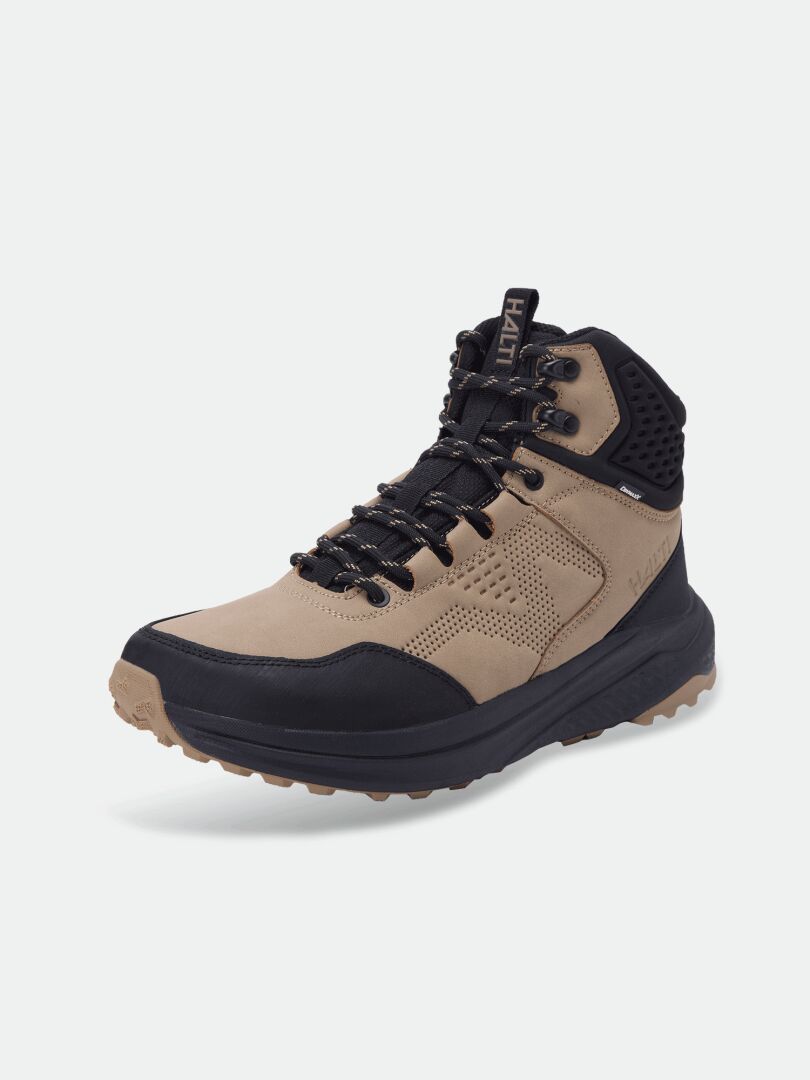 Halti Asento Mid DX men’s outdoor shoe in tan/black with ankle support, black laces, and a rugged sole.