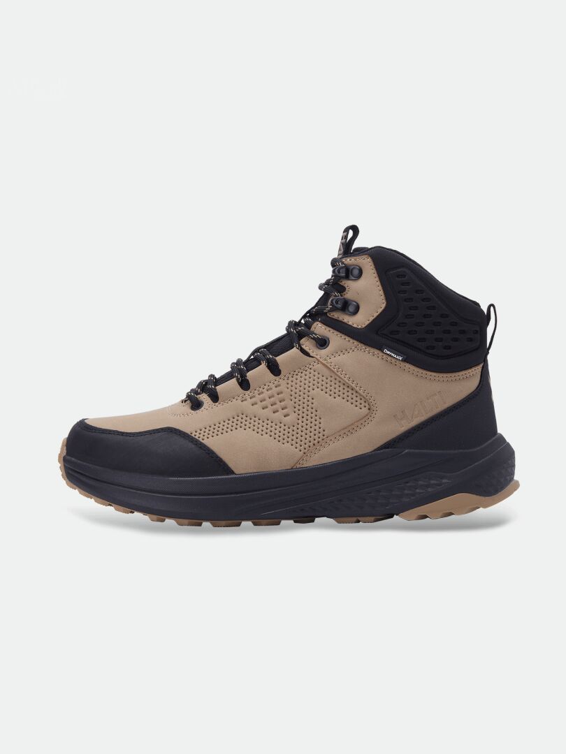Halti Asento Mid DX Men’s: Tan/black waterproof outdoor shoe with high ankle support, black laces, rugged sole.