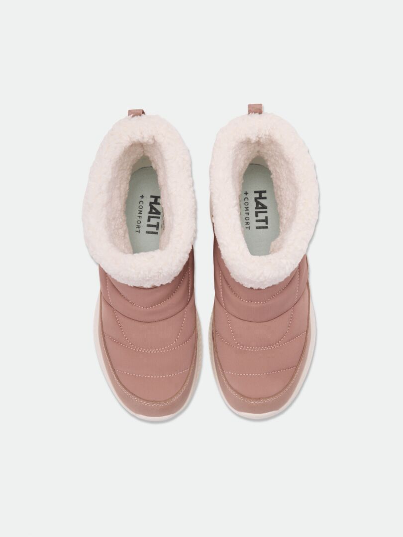 Top-down view of dusty pink Rest Winter Boots Women’s, slipper-style winter booties with white faux-fur lining.