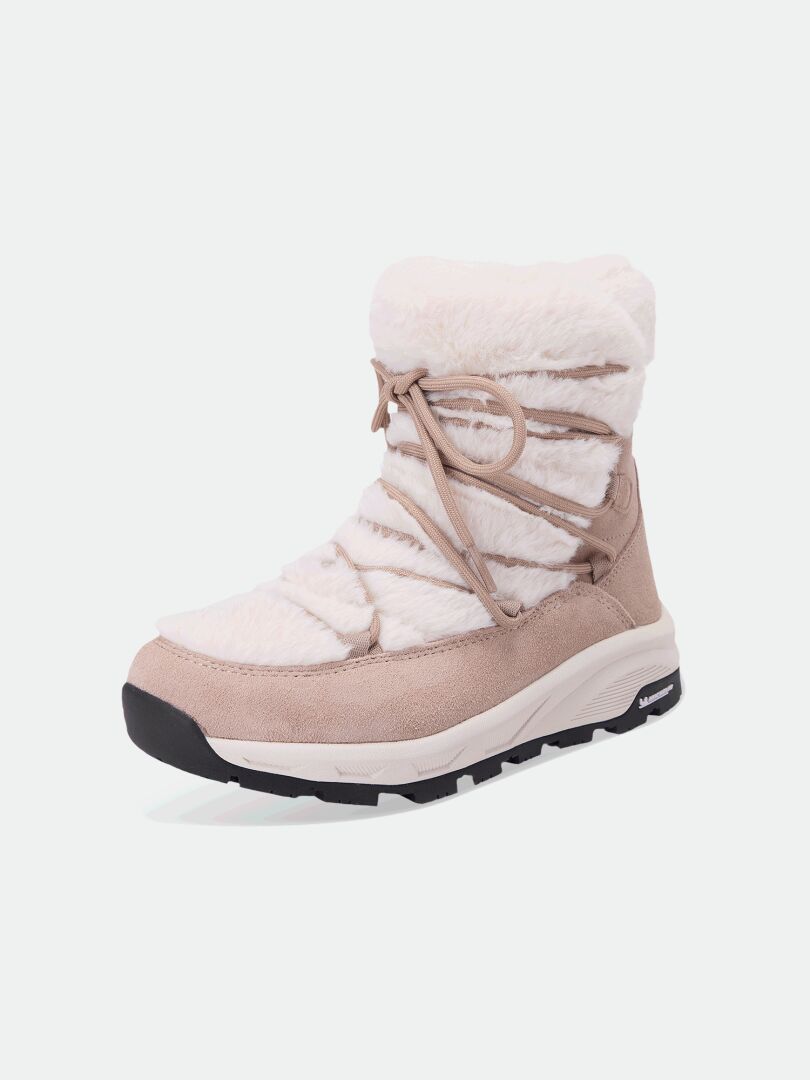 Beige waterproof Halti Mukluk DX IC Winter Boots with white faux fur lining and a wrap-around lace-up closure.