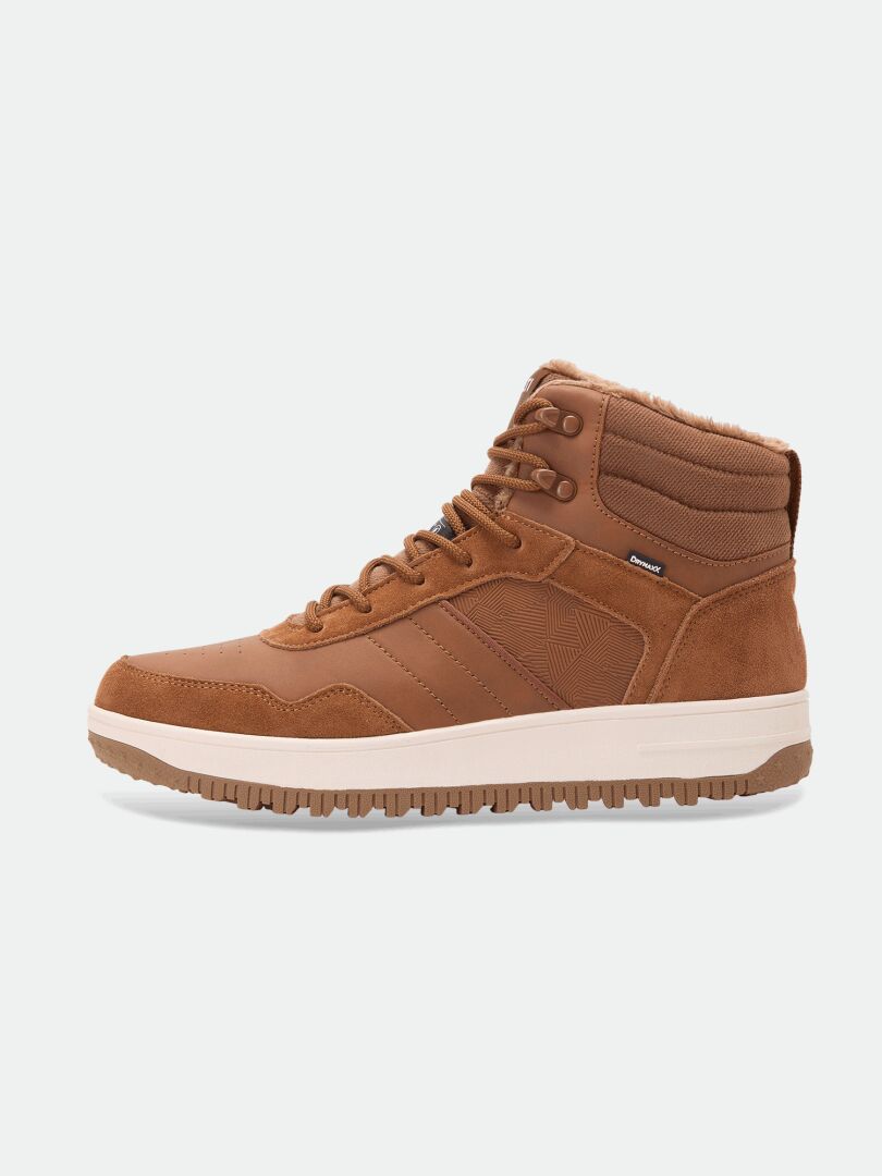 Halti Metso Mid DX Winter Shoe Men’s: brown high-top, white sole, black laces—designed for men’s winter warmth and comfort.