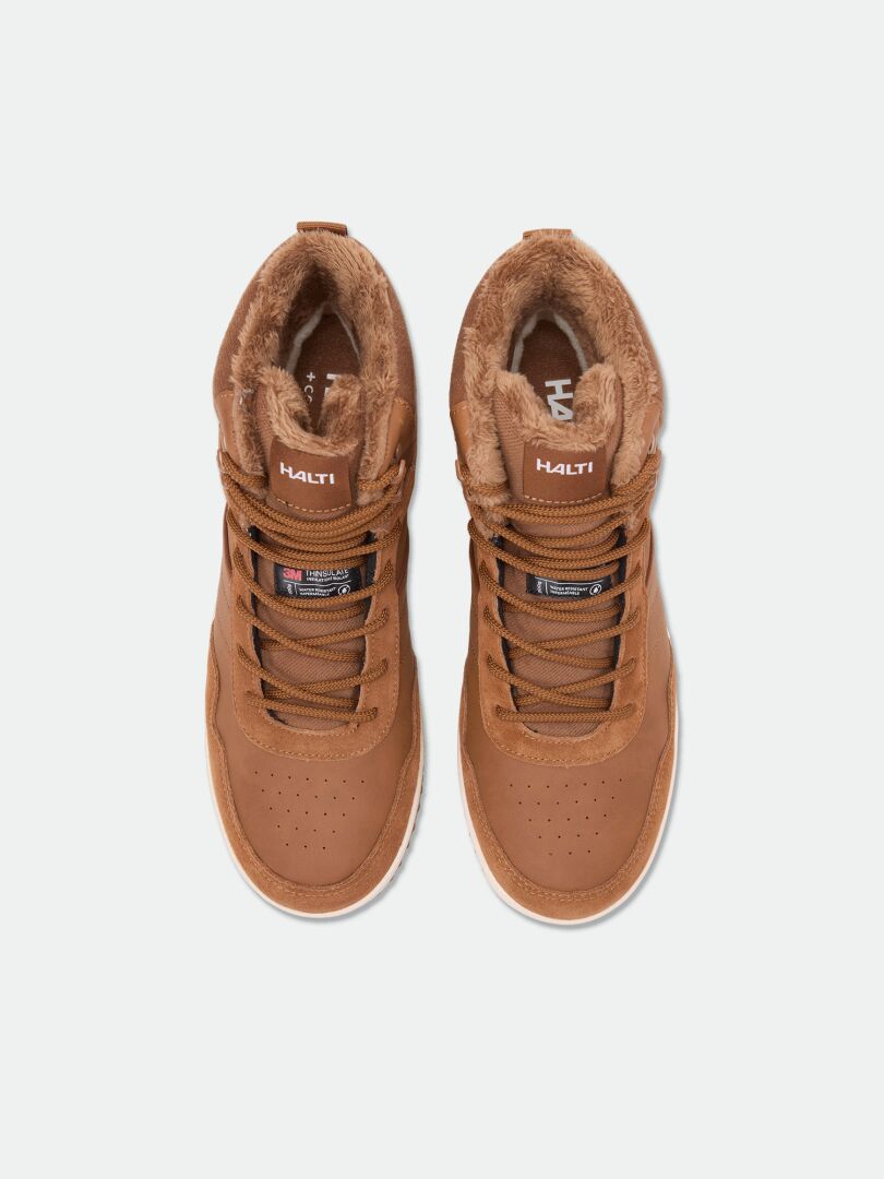 Halti Metso Mid DX men’s brown high-top winter shoes with fur lining & Thinsulate, viewed from above on white.