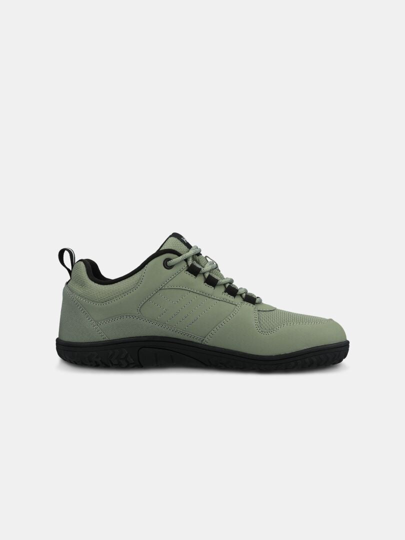 Halti Tuntuma DX Barefoot Shoe Women's: gray with black sole and laces, side profile for natural walking.