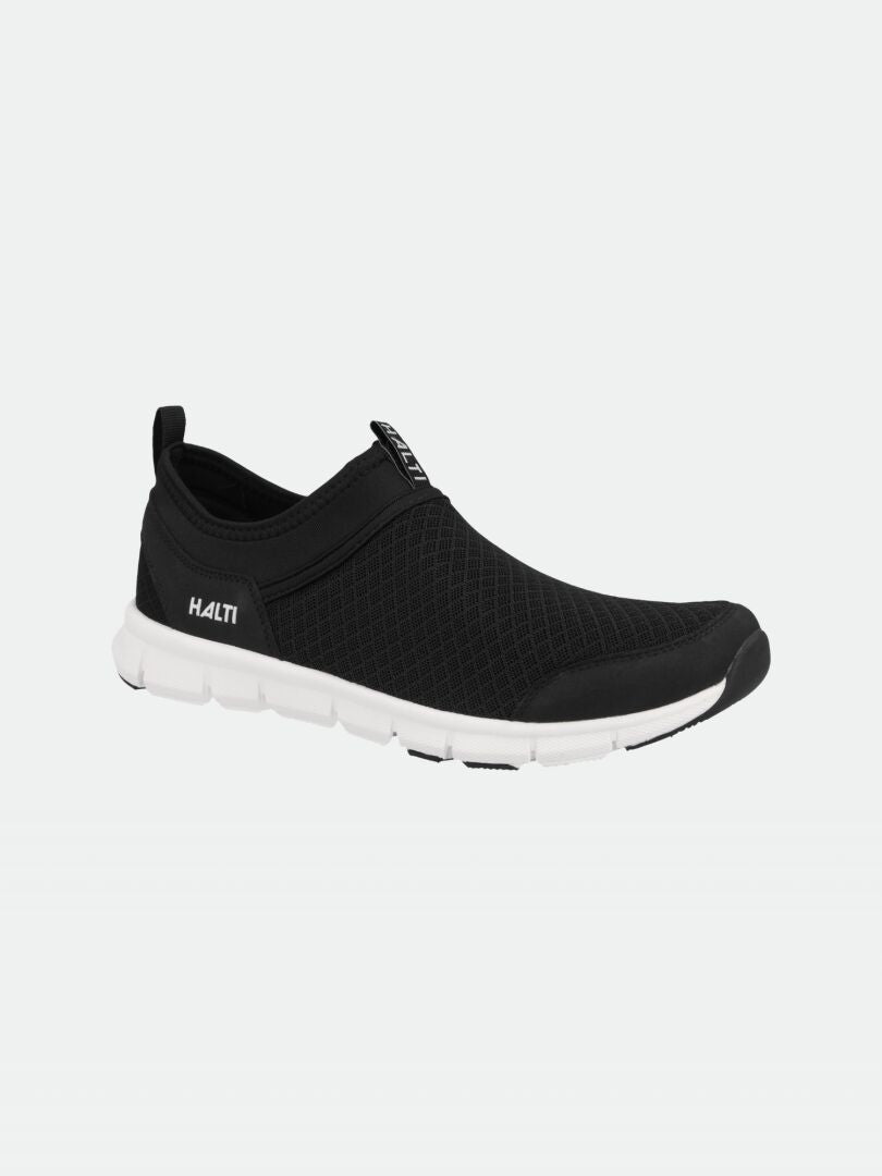 Halti Lente 3 Women's black slip-on casual shoe with white sole, removable insole, and side branding.