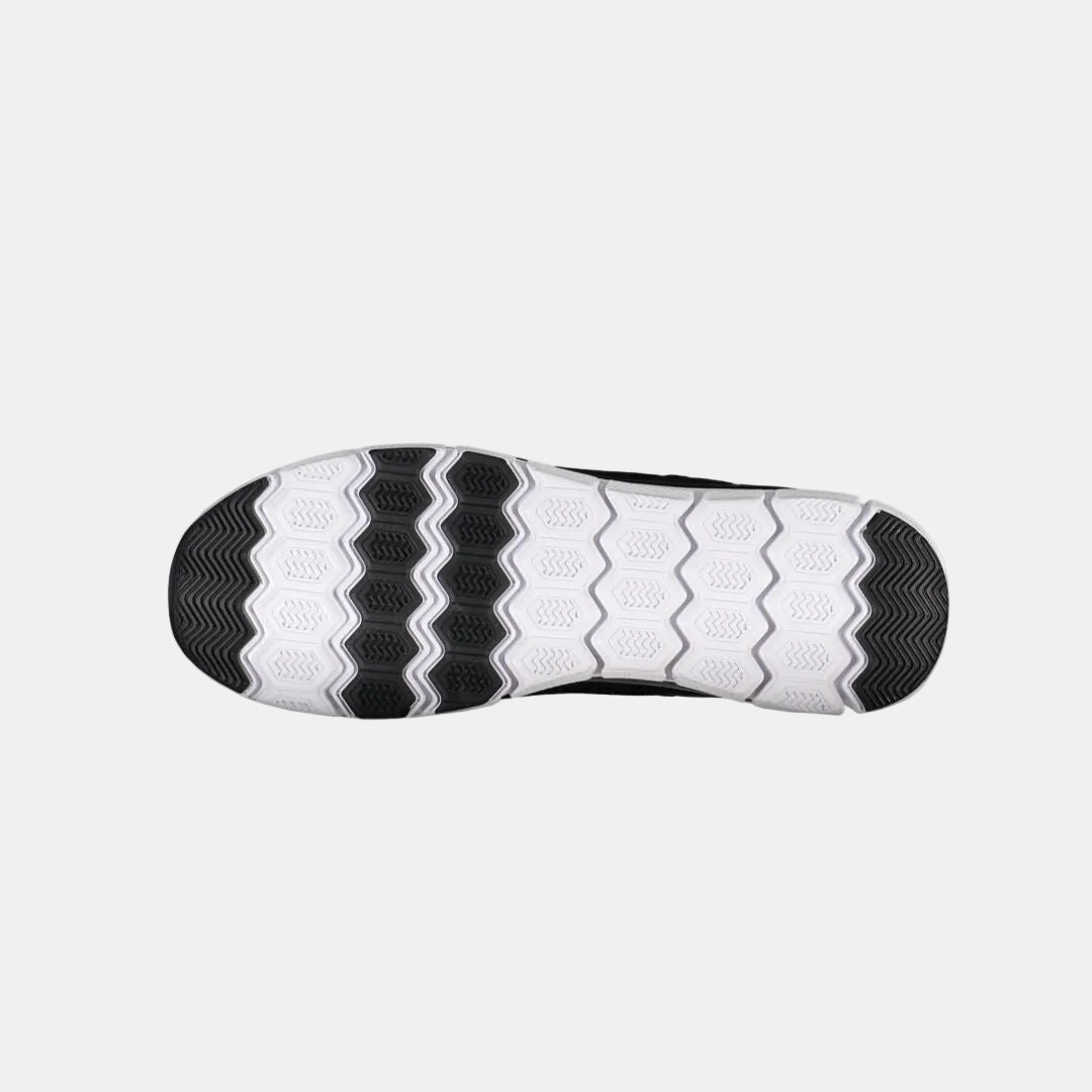 Bottom view of Halti Lente 3 Women's casual shoe sole with black and white hexagonal and zigzag tread patterns.