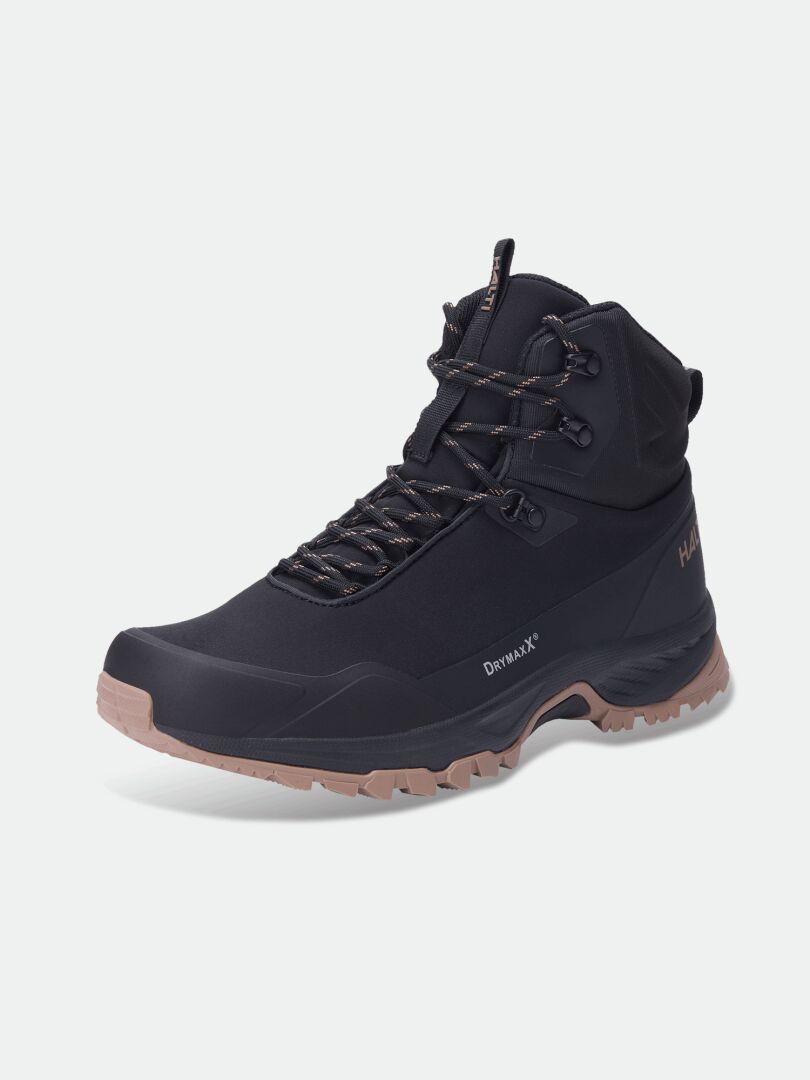 Halti Fara 4 DX Mid: black men’s ankle boot, brown sole, waterproof, thick tread; side label reads HALTI.