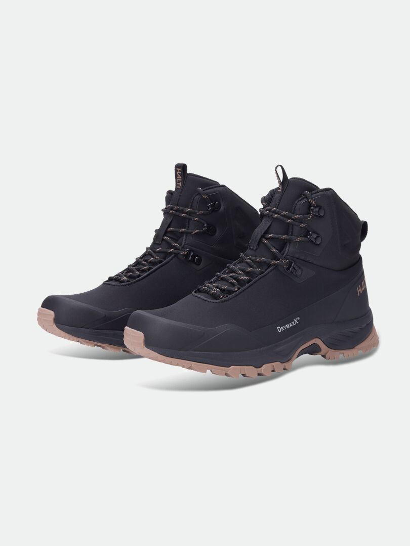 Halti Fara Mid 4 DX men’s black outdoor shoes with brown soles and black laces, side by side on white.