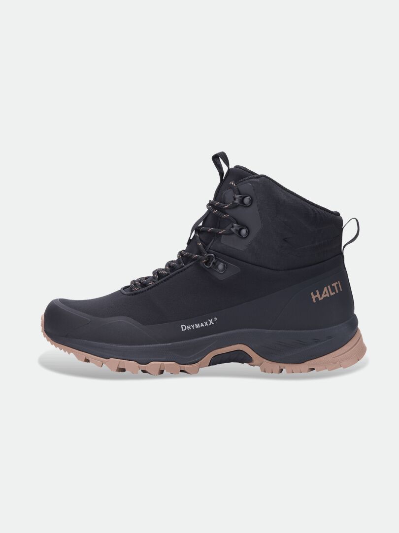 Halti Fara Mid 4 DX men’s black/tan outdoor shoe, DrymaxX, rugged sole, lace-up, ankle support for trails.