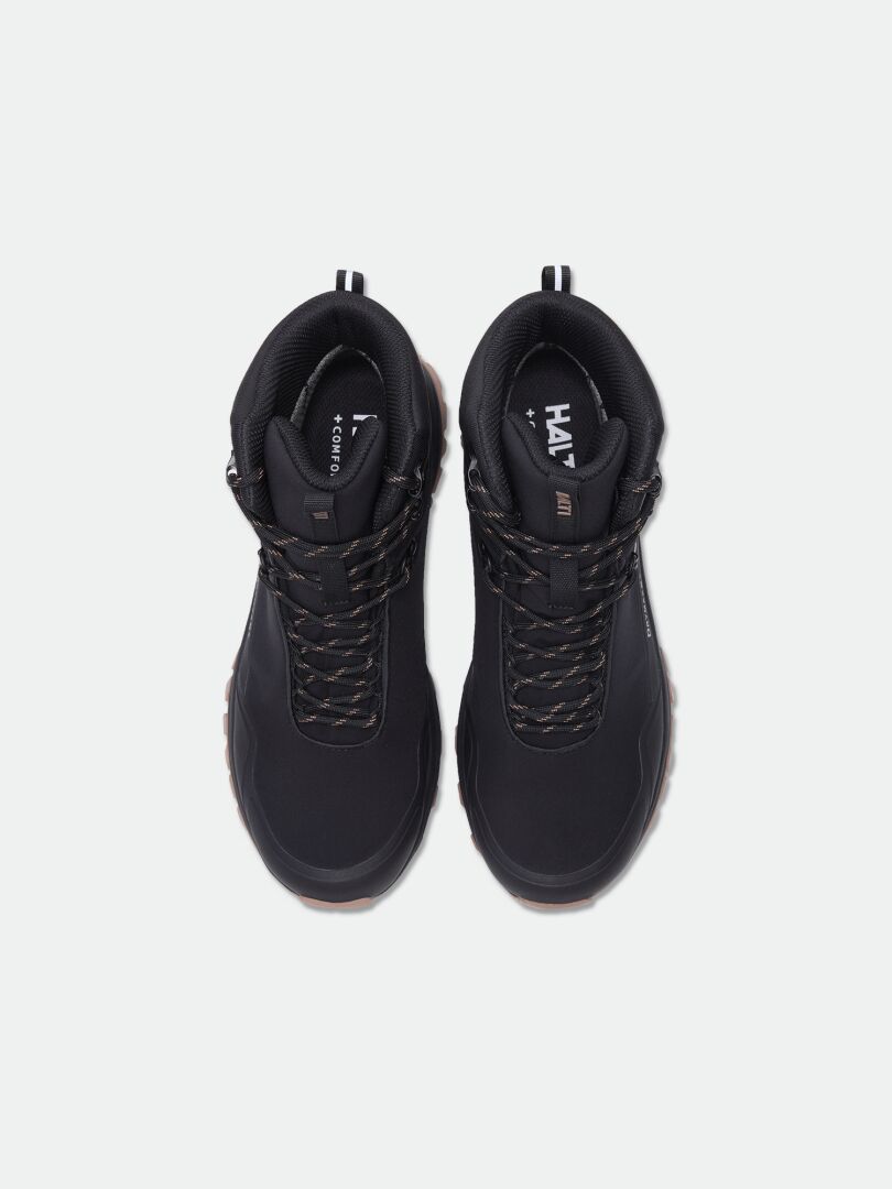 Halti Fara 4 DX Mid men's boots with brown laces, made from recycled materials, shown on a white background.