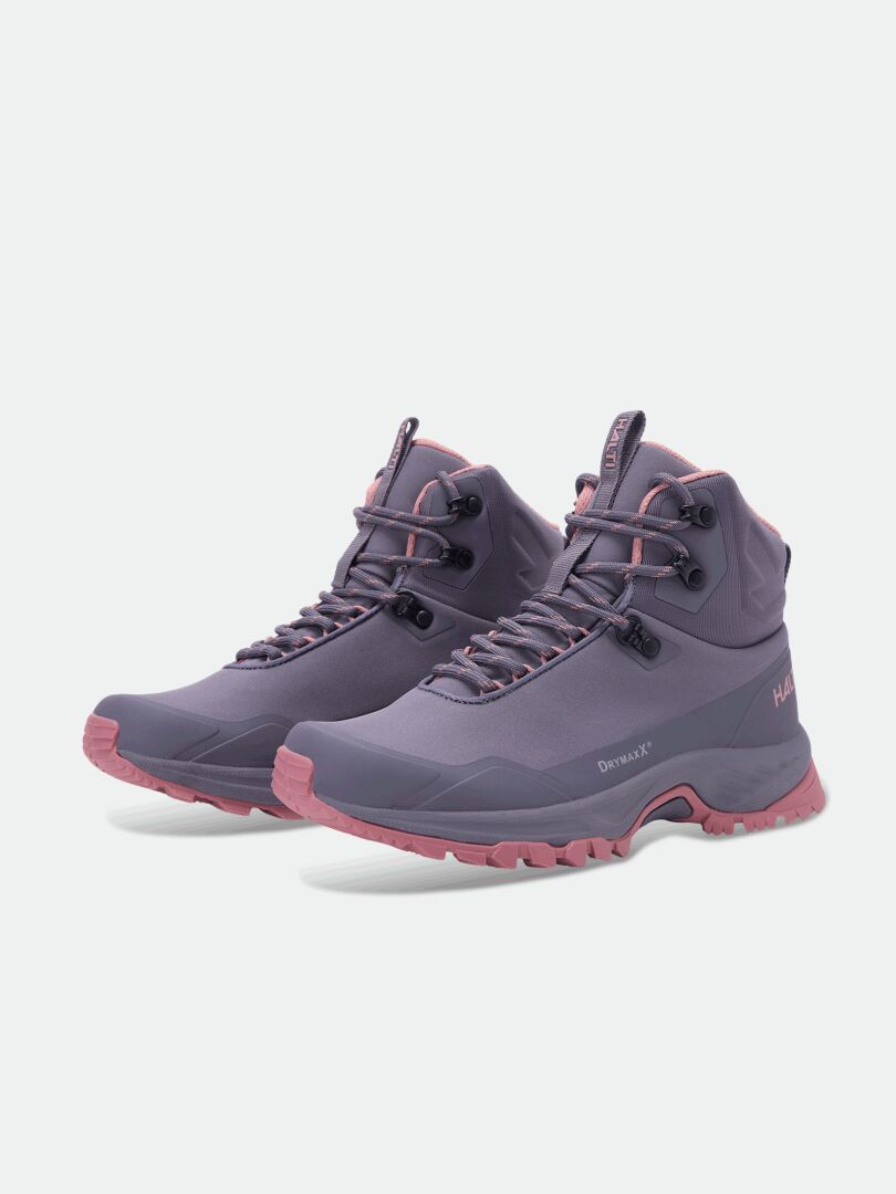 Halti Fara Mid 4 DX Women’s outdoor shoes, purple with pink laces and soles, feature a GripmaxX Trail outsole.
