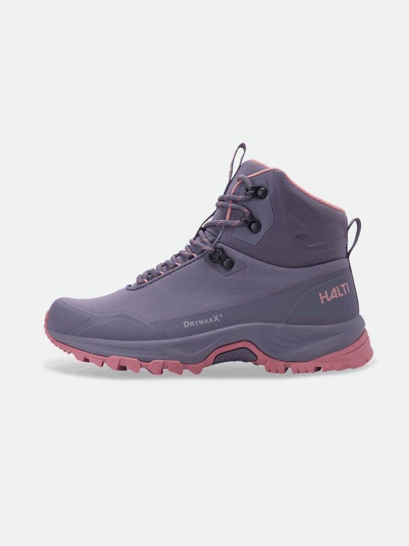Halti Fara Mid 4 DX women’s outdoor shoe in purple/pink with DrymaxX waterproofing and GripmaxX Trail outsole.