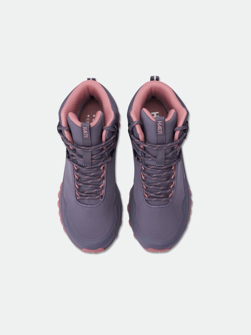 Halti Fara 4 DX Mid women’s ankle hiking boots with pink interiors, recycled materials, top view on white.