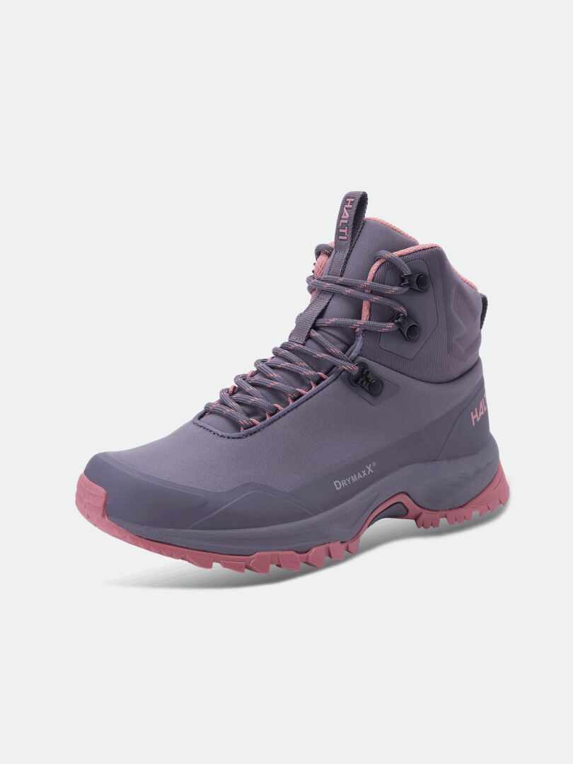 Halti Fara 4 DX Mid Outdoor Shoe for women; purple/pink, laced, rugged sole, high ankle support, recycled materials.