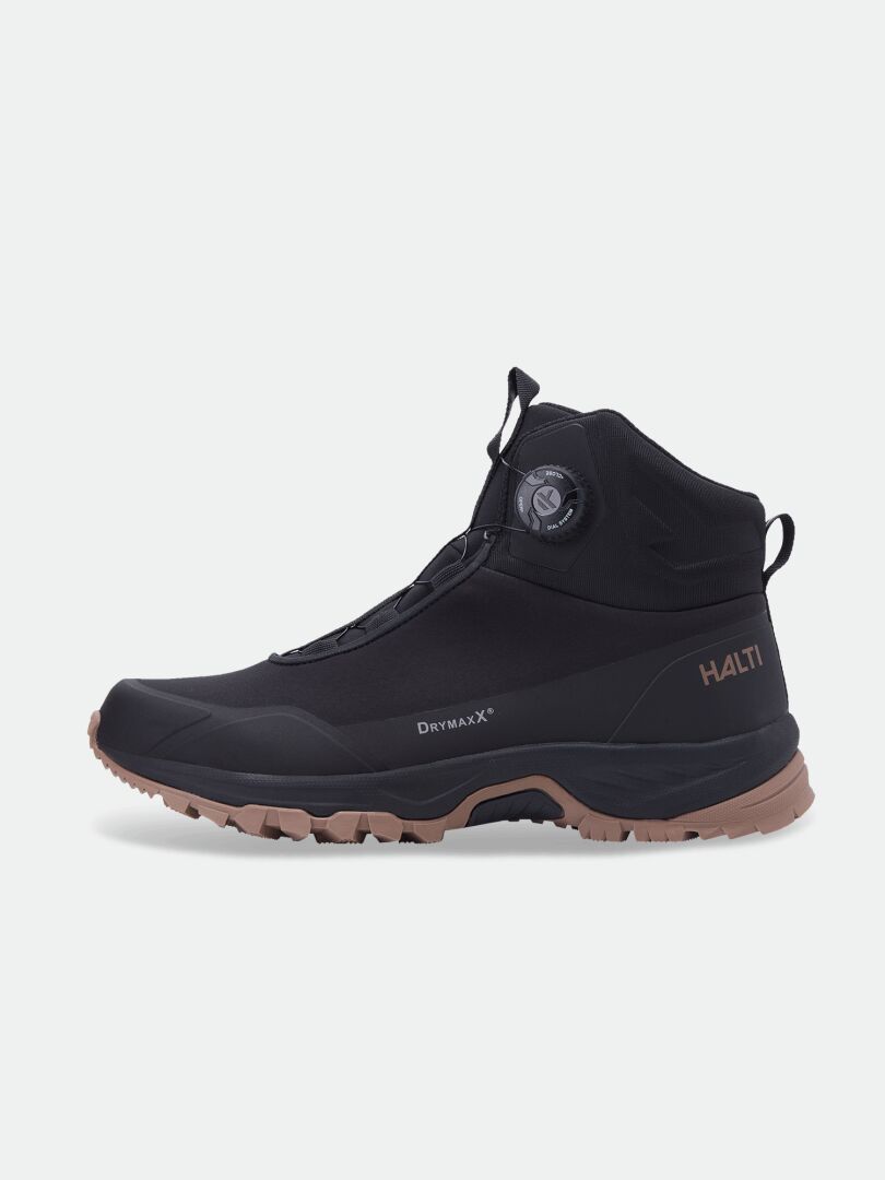 Halti Fara Mid 3 DX Freelock: black/brown hiking boot with rugged outsole, ankle support & speed lacing dial.