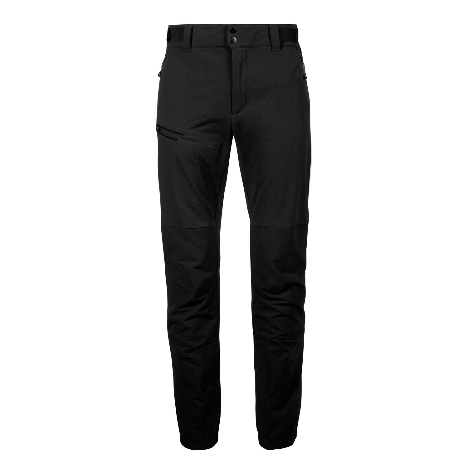 Halti Adrenaline Mens Ski Touring Pants: black, straight-leg, X-stretch softshell, zip front, 3 zippered pockets.