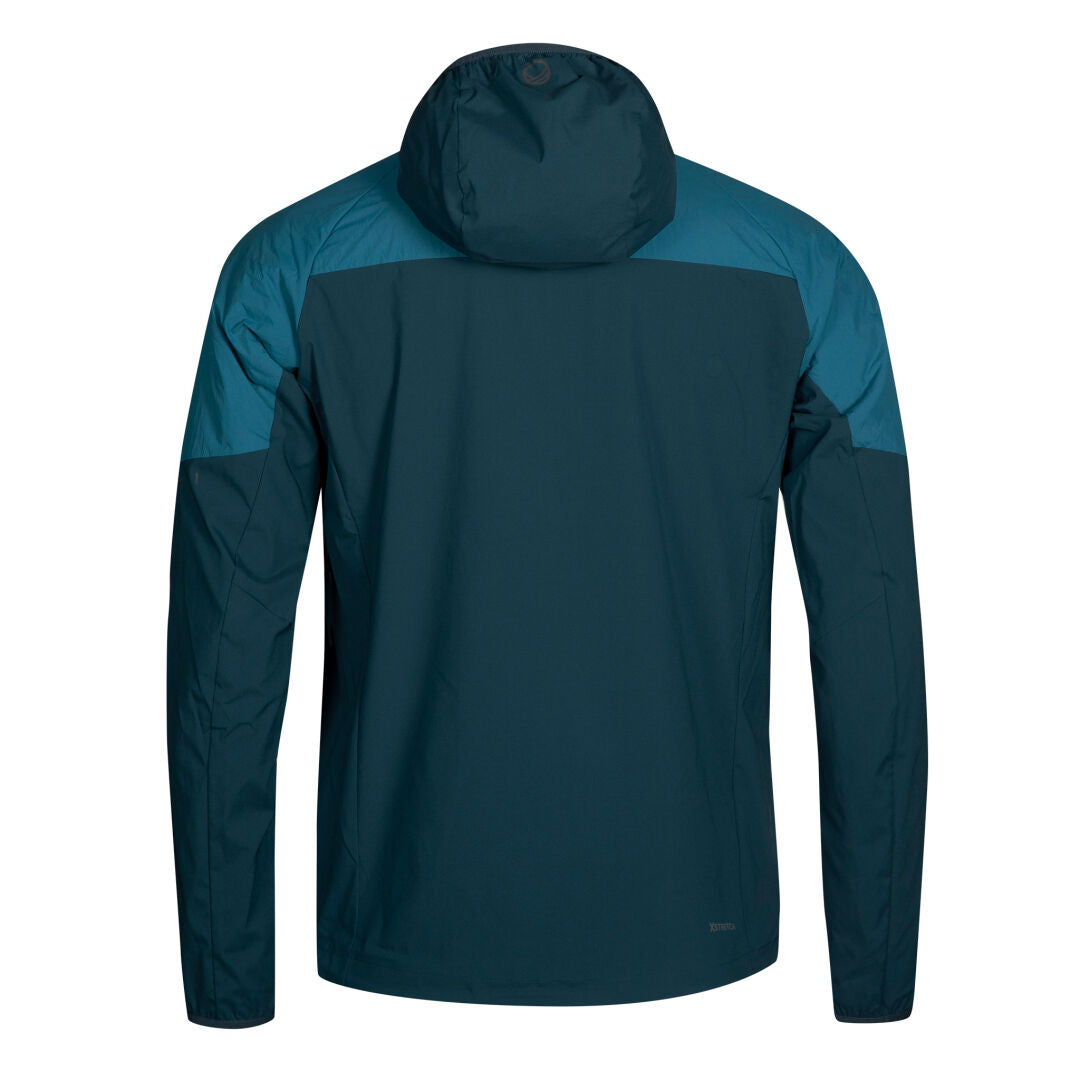 The Halti Crust Mens Layer Jacket, shown from the back, features dark teal with lighter teal shoulder and sleeve panels.