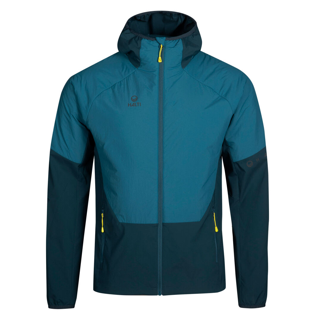 Halti Crust Mens Layer Jacket: blue/teal, hooded, zippered pockets—ideal for winter sports.