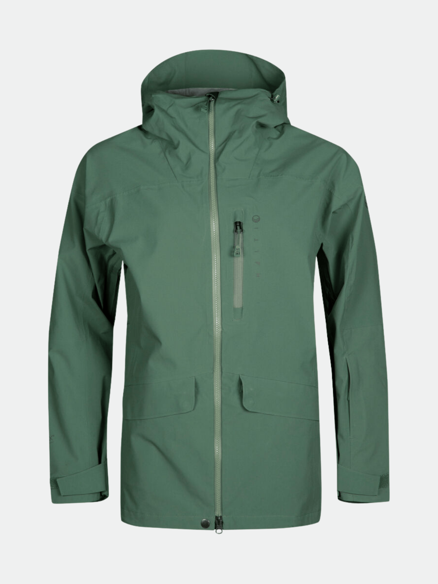 A green Halti Settler 3L DrymaxX Ski Jacket for women with hood, front zipper, waist pockets, and adjustable cuffs.
